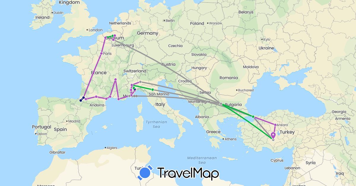 TravelMap itinerary: driving, bus, plane, cycling, train in Belgium, Bulgaria, Spain, France, Italy, Monaco, Turkey (Asia, Europe)